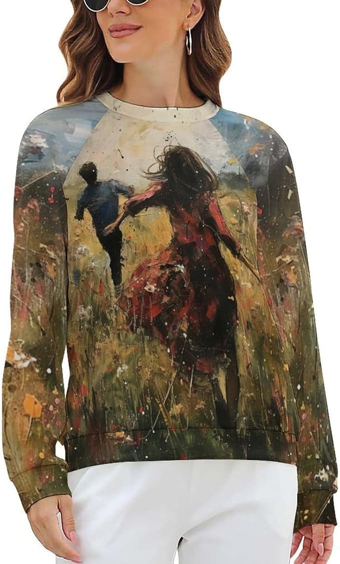 Long Sleeve Shirts for Women Cat Oil Painting Shirt 3D Graphic Sweatshirts Fall Pullover Crewneck Vintage Boho Tops