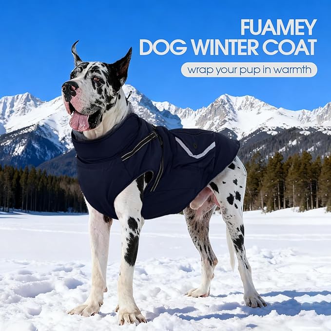 FUAMEY Reflective Dog Winter Coat, Fleece Lined Jacket for Large Dogs Back Zipper, Turtleneck Cozy Doggy Vest Thermal Clothes with Harness, Cold Weather Snow Outfits, Labrador (Dark Blue, 3XL)