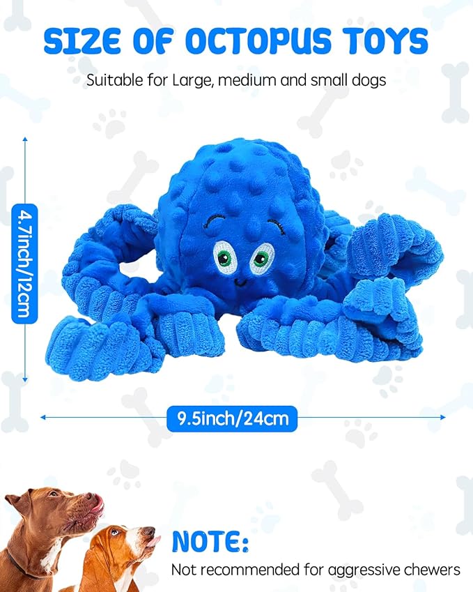 Squeaky Dog Toys, Interactive Plush Stuffed Octopus Tug of War Toy, Plush Crinkle Dog Chew Toys to Keep Them Busy, Funny Dog Toys for Small, Medium & Large Dogs - Blue