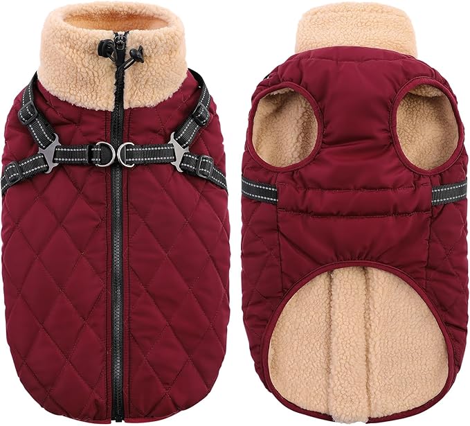 Queenmore Dog Jackets for Medium Dogs, Dog Coat with Harness Built in, Waterproof Pet Winter Coat with Zipper On Back Doggy Snowsuits Warm Soft Pet Jacket for French Bulldog, Poodle, Corgi, Burgundy M