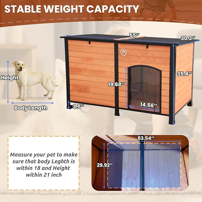 Outdoor Dog House, 55” Extra Large Wooden Dog House with Anti Bite Iron Frame Weatherproof Finish Outside Paw Print Dog House for Large and Medium Dogs (Brown, 55" Dog House)