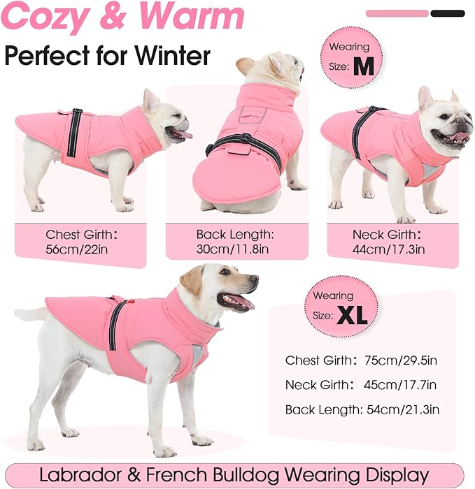 XXL Dog Coat, Warm Dog Winter Jacket, Waterproof Dogs Snowsuit with Foldable High Collar, Reflective Strips, Leash Hole, and Adjustable Hook & Loop Closure - Ideal for Cold Weather - Pink XXL