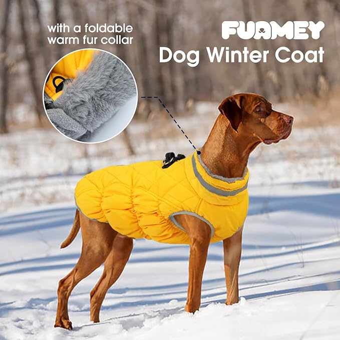 FUAMEY Dog Coat for Small Dogs,Waterproof Dog Winter Jacket with Harness Built in Puppy Cold Weather Coats Reflective Pet Vest with Zipper Warm Fleece Dogs Snowsuit Windproof Yellow XS