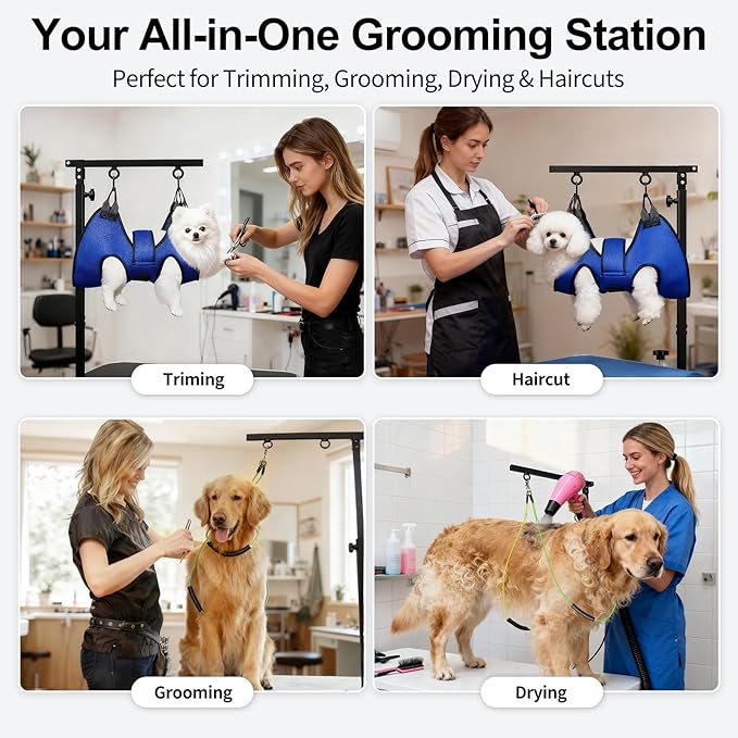Foldable Dog Grooming Table Arm – Adjustable 28"-41" Clamp Arm with Hammock, No-Sit Holder for Small Dogs – Grooming Table for Dogs at Home or Salon
