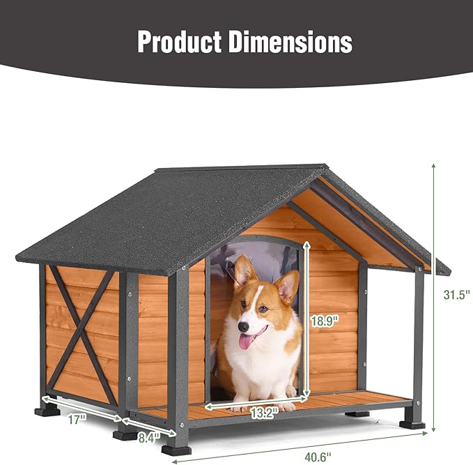 Dog House Outdoor with Porch, Anti-Chewing Iron Frame, Weatherproof Large Wooden Dog Kennel Outside with Openable Roof & Removable Floor, Elevated Base & PVC Curtain