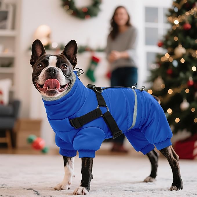 BRKURLEG Blue Dog Winter Coat, Cozy Winter Dog Jackets, Small Medium Dogs Coat with Harness, Onesie Body Warm Puppy Christmas Jacket, Pet Cold Weather Jackets, Puppy Four-Legged Puffer Coats, XXL