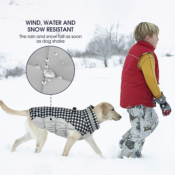 FUAMEY Dog Coat for Medium Dogs,Waterproof Dog Winter Jacket with Harness Built in Puppy Cold Weather Coats Reflective Pet Vest with Zipper Warm Fleece Dogs Snowsuit Windproof Checkerboard M