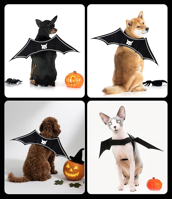 Glow in The Dark Bat Wings Pet Costume, Cat Bat Wings for Halloween Party Decoration, Light Up Pet Collar Leads Cosplay Bat Costume, Cute Puppy Cat Dog Dress Up Accessories 