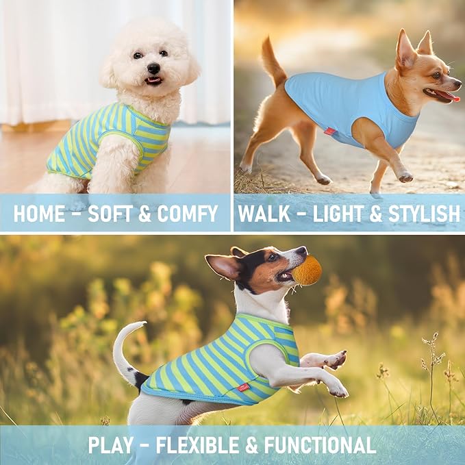 KYEESE 2Pack Dog Shirts Small Tee Soft for Small Dogs Striped T Shirt Lightweight Sleeveless Vest Cotton Tank Top Clothes, Large,Blue+Striped