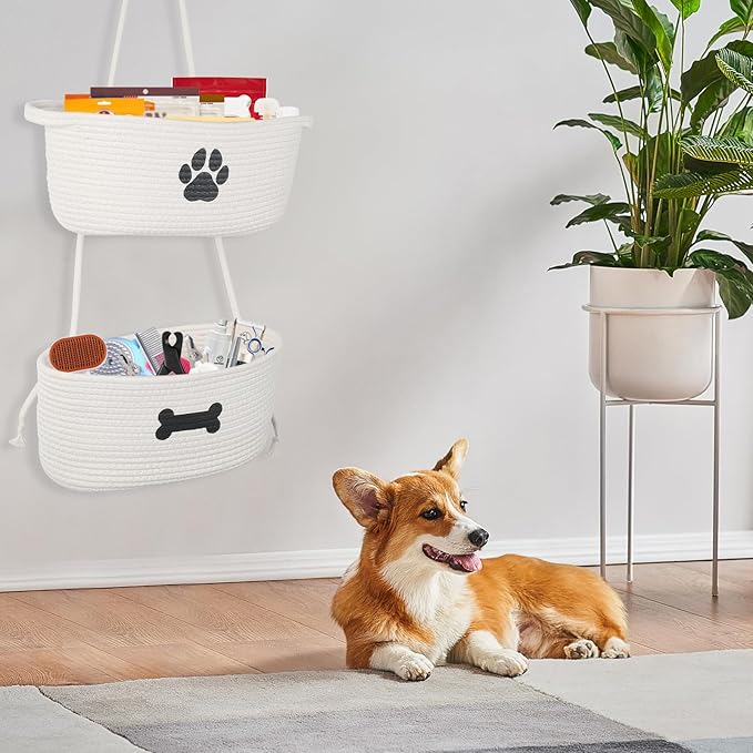 2-Tier Dog Baskets,Over Door Hanging Oganizer for Pet Stuff with Metal Hooks,Cotton Rope Wall-Mounted Storage Organizer for Dog Leash/Harness/Small Toys/Trash bag - Beige