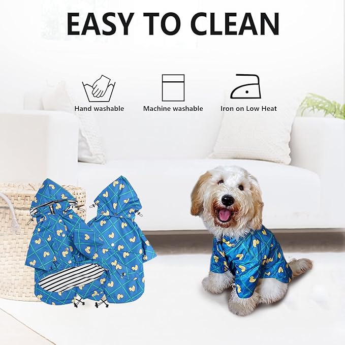 Morezi Dog Zip Up Raincoat with Reflective Buttons, Rain/Water Resistant, Adjustable Drawstring, Removable Hood, Raincoats with Legs 8lbs to 80lbs Available - Grid Blue - XL