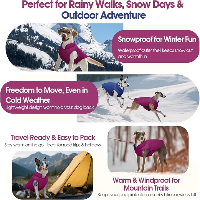 QBLEEV Reversible Dog Coat for Medium Dogs, Waterproof Windproof Winter Jacket Keeps Dogs Warm in Snow, Adjustable Hook & Loop Lightweight Dog Puffer Vest, Purple, L – Fits French Bulldog