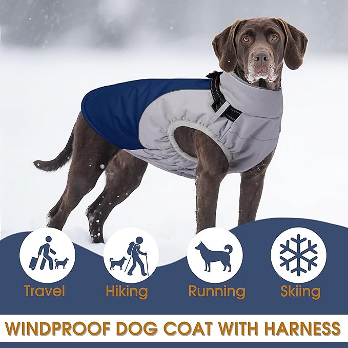 Dog Coat Waterproof,Warm Dog Winter Jacket with Harness Built in Windproof Snow Jakcet with Fleece Lining Reflective Thermal Cold Weather Coats for Large Dogs,Windproof Pet Snowsuit,Blue,L