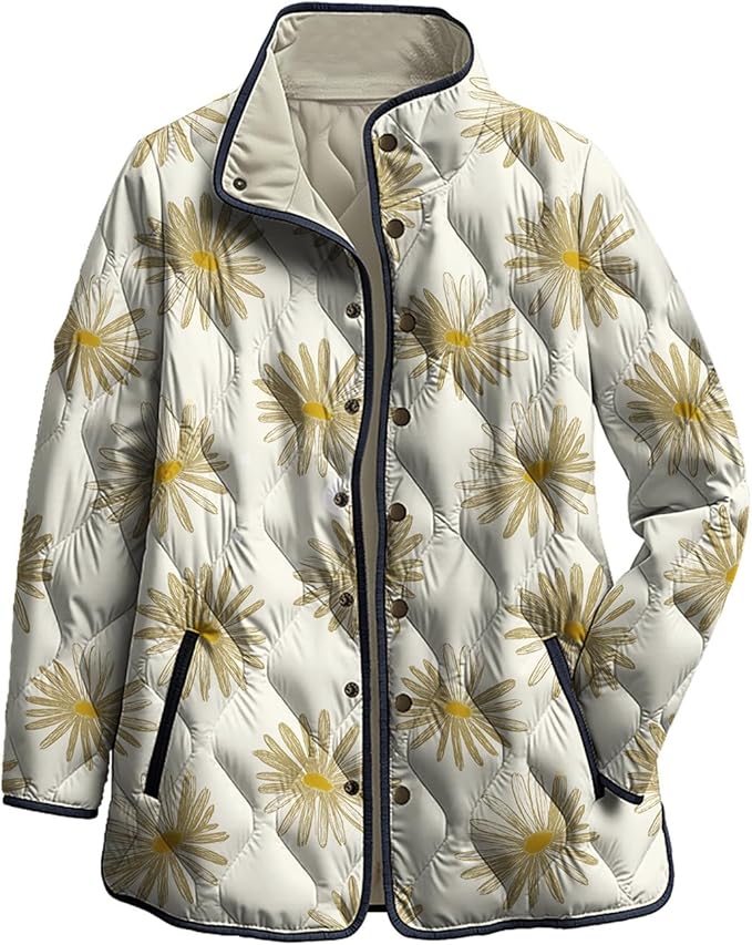 LIZALIG Women's Cropped Puffer Jacket Lightweight Floral Print Long Sleeve Padded Quilted Puffy Cardigan Coat