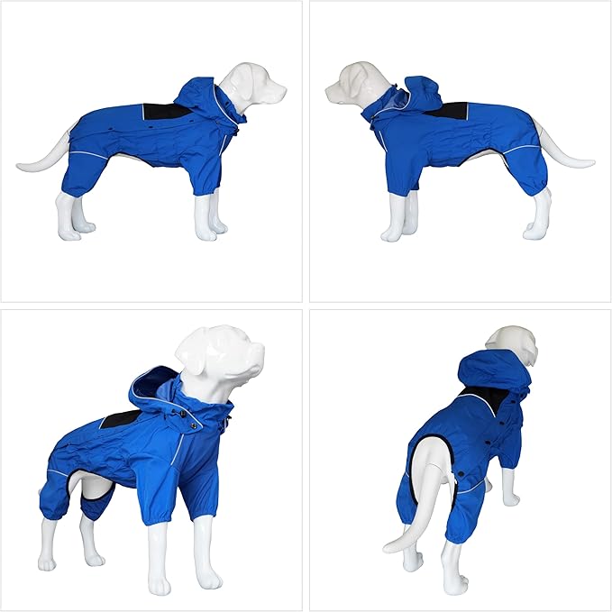 LOVELONGLONG Waterproof Dog Raincoat with Removable Hood – Outdoor Full Body Dog Jacket, Windproof Snowproof Shell Suit – All Season Pet Rain Gear Blue XL