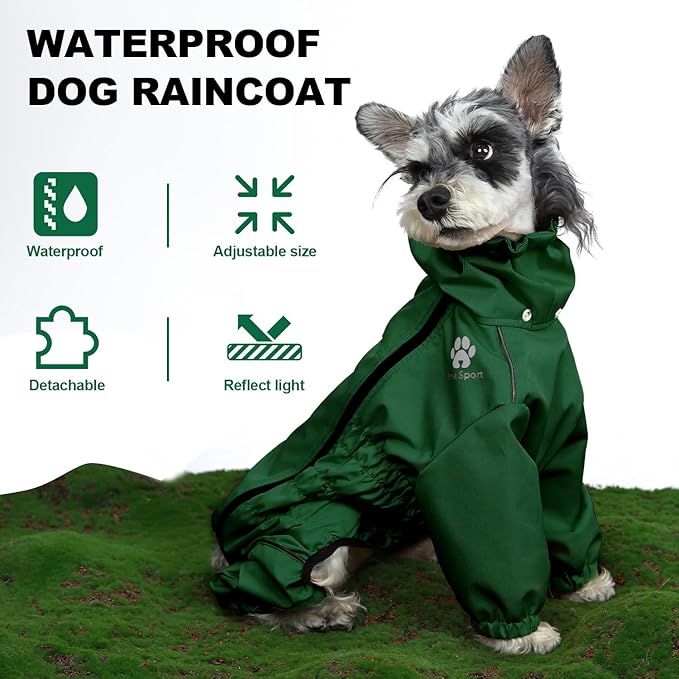 PINA Dog Raincoat, Waterproof Jacket with Hood, Lightweight Dog Jacket with Leash Hole, Poncho with Reflective Strap and Pocket for Wet Weather, Full Wrap Design for Full Protection