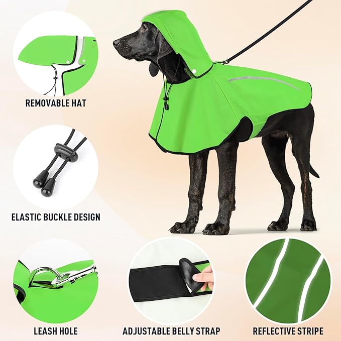 Dog Raincoat with Removable Hoodie, Rain Coats Waterproof Windproof Snowproof, Rain Jacket with Reflective Strip/Adjustable Drawstring/Leash Hole for Dog Walking (Green, X-Large)
