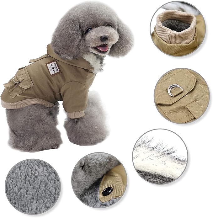 Warm Dog Hooded Trench Coat Windproof Parka Jacket for Cold Weather (L, Khaki)