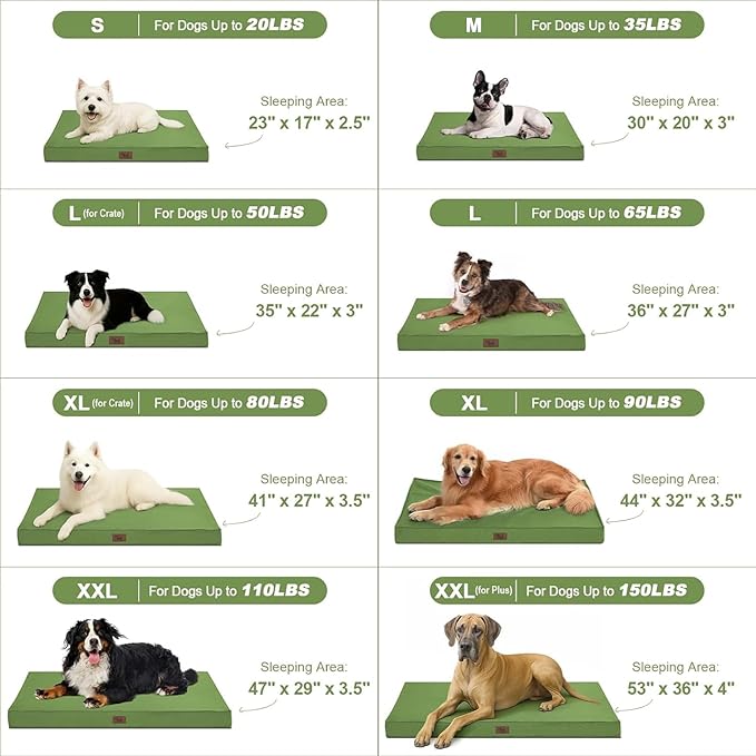 Outdoor Large Washable Dog Bed, Orthopedic Egg Crate Foam Dog Crate Mat for Large Dogs with Removable Oxford Cooling Cover, Light Green