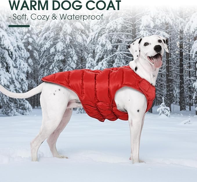 Kuoser Dog Puffer Jacket Warm Dog Coat for Extra Large Dogs, Windproof Reflective Pet Padded Vest Cold Weather Clothes Puppy Snowsuit with Hook & Loop Coats, Easy On/Off, Red 3XL
