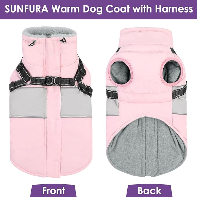 SUNFURA Dog Winter Coat, Waterproof Dog Coat Jacket with Harness for Medium Breeds Boys Girls, Reflective Fleece Lined Pet Snow Jacket Sweaters for Pug, Jack Russel, Boston Terrier, Pink M