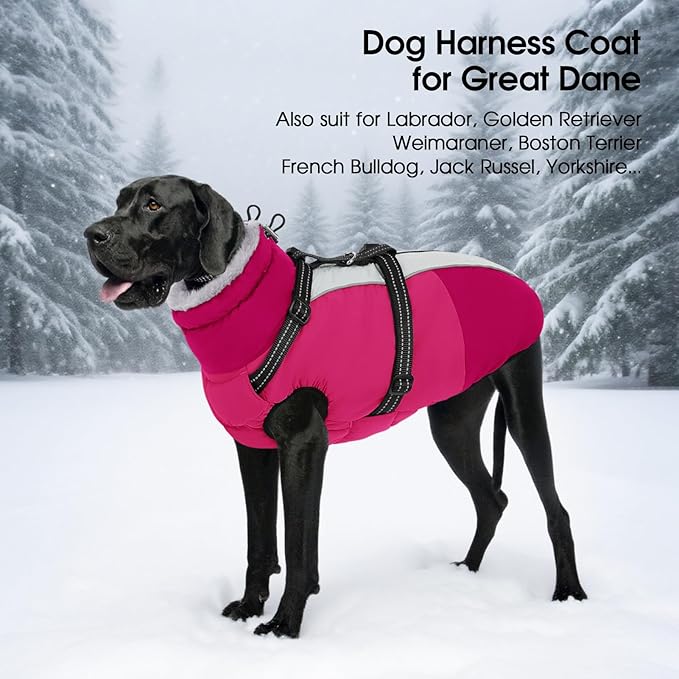 SUNFURA Dog Coat, Warm Dog Jacket with Harness Built in, Waterproof Pet Winter Coat Snowsuit with Zipper, Reflective Fleece Jacket for Extra Large Dogs, Weimaraner, Hot Pink XXL