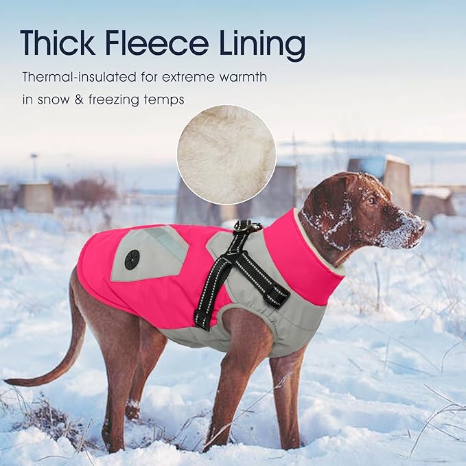 IECOii Dog Winter Jacket for Small Dogs, Waterproof Dog Coat with Harness Built in, Windproof Reflective Zip Up Fleece Jacket for Dogs, Puppy Thermal Warm Snowsuit for Cold Weather, Rosered, S