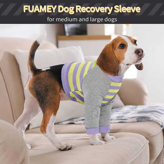 FUAMEY Dog Recovery Sleeve with Elbow Protector,Dogs Shirt Stop Licking Joints,Pet Long Sleeve Suit Protecting Dog's Front Leg Arm Wounds Cover Skin Conditions Purple Stripes L