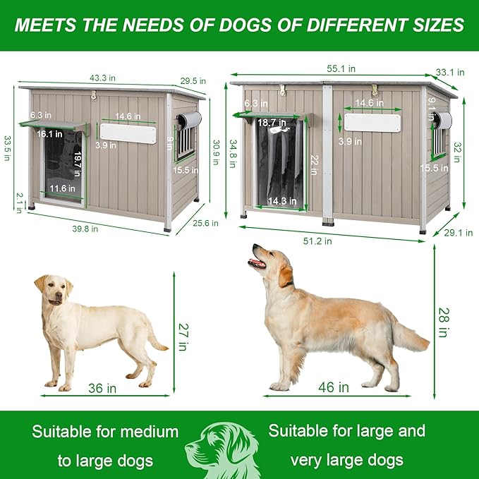 Dog House Outdoor Weatherproof & Wooden Dog Kennel with Chew-Proof Iron Frame,Removable Floor, Adjustable Vent Window, Easy Assembly for Medium Dogs (43.3" L x 29.5" W x 33.5" H)