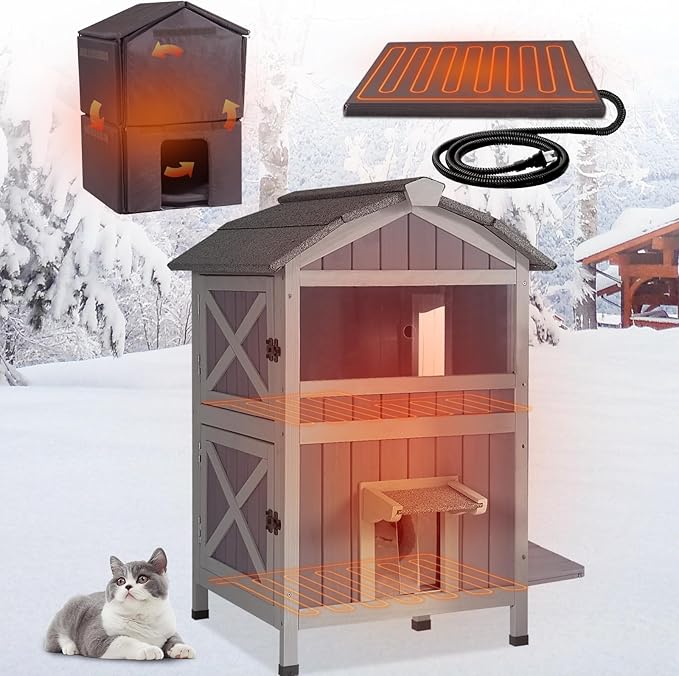 GUTINNEEN 2-Story Heated Cat House for Outside Large Insulated Cat House Outdoor Weatherproof Feral Cat Shelter with Heated Pad, Insulated All-Round Thermal Liner for 1-4 Cats