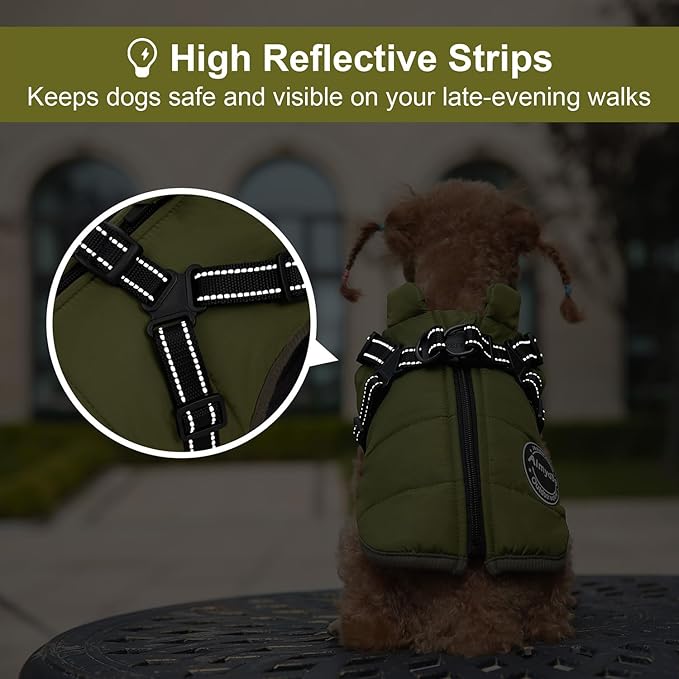 Warm Dog Winter Coat, Fashion Pet Cold Weather Jacket with Built-in Harness, Reflective & Adjustable Comfortable Pet Vest, Windproof Apparel for Small Medium Large Dogs (Green)