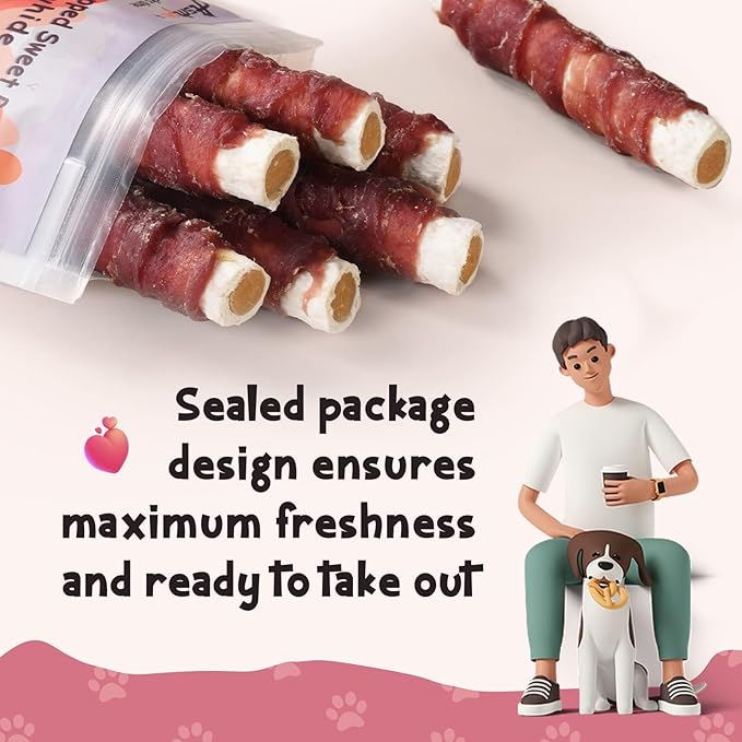 ASMPET Dog Treats Bones, Duck Wrapped Rawhide Sweet Potato Sticks for Small Medium Large Dogs(6pcs)