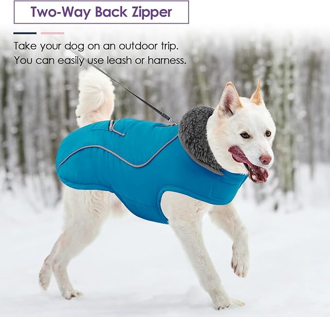 SUNFURA Dog Coat, XXXL Dog Winter Jacket, Reflective Fleece Snow Coat with Furry Collar, Waterproof Pet Puffer Jacket for Great Dane Extra Large Dogs, Turquoise 3XL