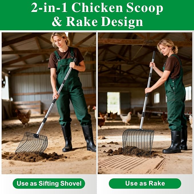 11.61" Chicken Poop Scooper & Rake, Otunrues Pooper Scoopers, 25" to 67" Large Metal Stainless Steel Chicken Litter Scoop with Handle for Farm Pet Waste Cleaning Sifting Litter Shovel