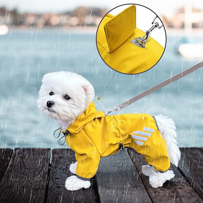 Dog Raincoat, Waterproof Dog Rain Jacket with Hood, Rain Coat with Leash Hole, Reflective Strap for Small Medium Dogs, Lightweight Puppy Clothes(Yellow,M)
