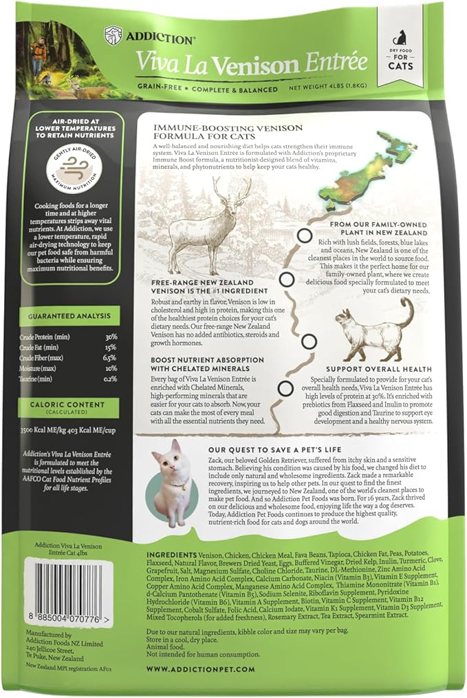 Addiction Viva La Venison Grain-Free Dry Cat Food - with Premium Venison to Support Muscle Development & Maintenance - High-Protein Recipe with Chicken & Low Carb - Made in New Zealand - 4lbs (2-pk)