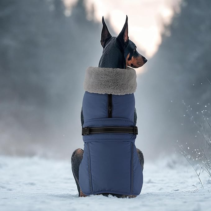 PETDSH Dog Coat Large, Windproof Dog Jacket with Warm Fleece Lining, Thickened Collar Dogs Winter Coat, Adjustable Reflective Pet Coats for Cold Weather (Navy Blue, XX-Large)