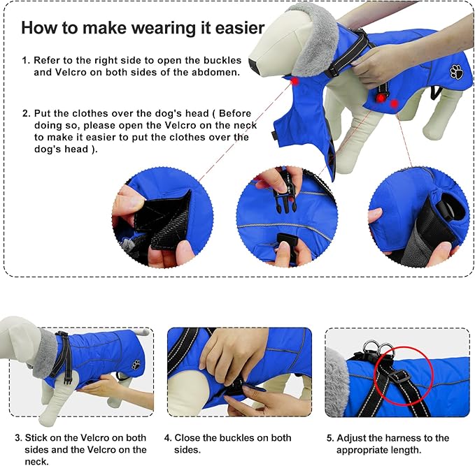 Doglay Dog Coat with Harness, Reflective Warm Dog Jacket Waterproof Puppy Winter Coat for Cold Weather, Adjustable Fleece Jacket for Small Medium Large Dogs