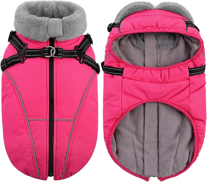 Queenmore Dog Coat,Windproof Dog Coat for Medium Dogs,Dogs Jackets with Harness Built in,Waterproof Doggy Coats with Zipper On Back,Reflective Cold Weather Coats for Dachshund,Boston Terrier,RoseRed,M