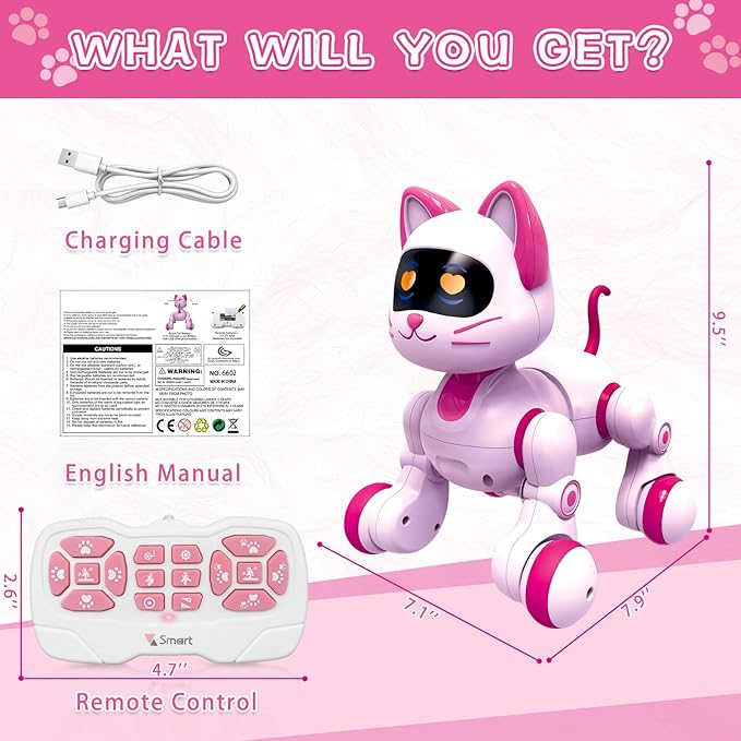 Remote Control Robot Cat, Programmable RC Smart Cat with Touch Sensing, LED Eyes Dance & Music Walking Pets STEM Toys Gifts for Kids Girls Boys