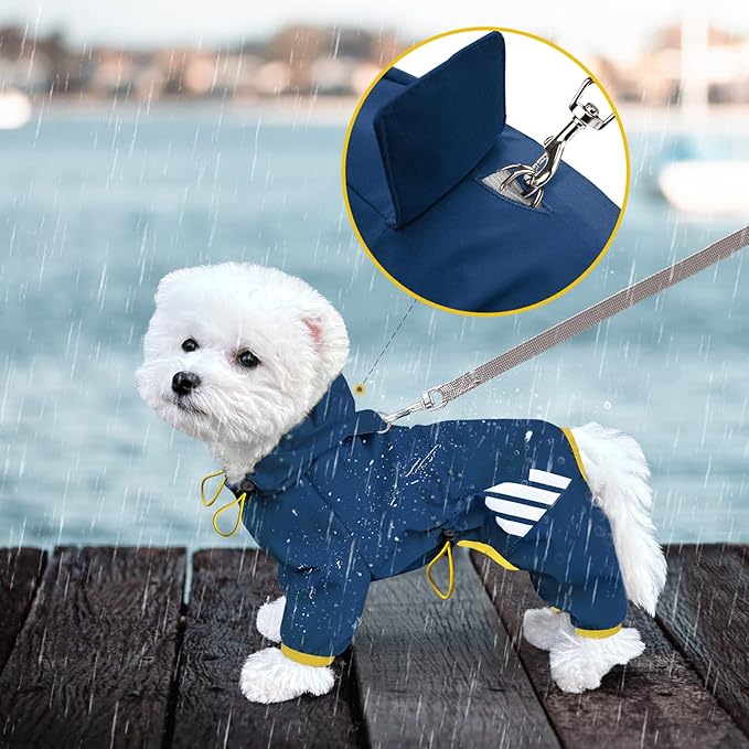 Dog Raincoat, Waterproof Dog Rain Jacket with Hood, Rain Coat with Leash Hole, Reflective Strap for Small Medium Dogs, Lightweight Puppy Clothes(Blue,M)