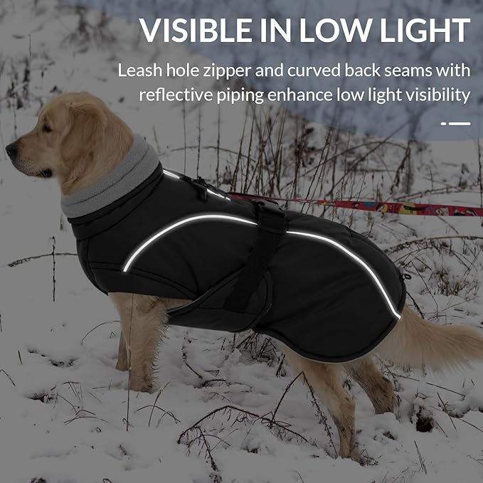 Queenmore Winter Dog Coat Warm Dog Jacket Vest Waterproof Puffer Fleece Snowsuit Adjustable Buckle Leash Hole Reflective Cold Weather Parka for Small Medium Large Dogs Girl Boy Black XXL