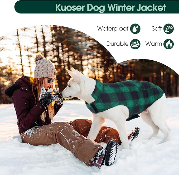 Kuoser Reversible Winter Coat, British Style Jacket for Small Medium Dogs - Warm, Windproof Puppy Cold Weather Vest, Green M