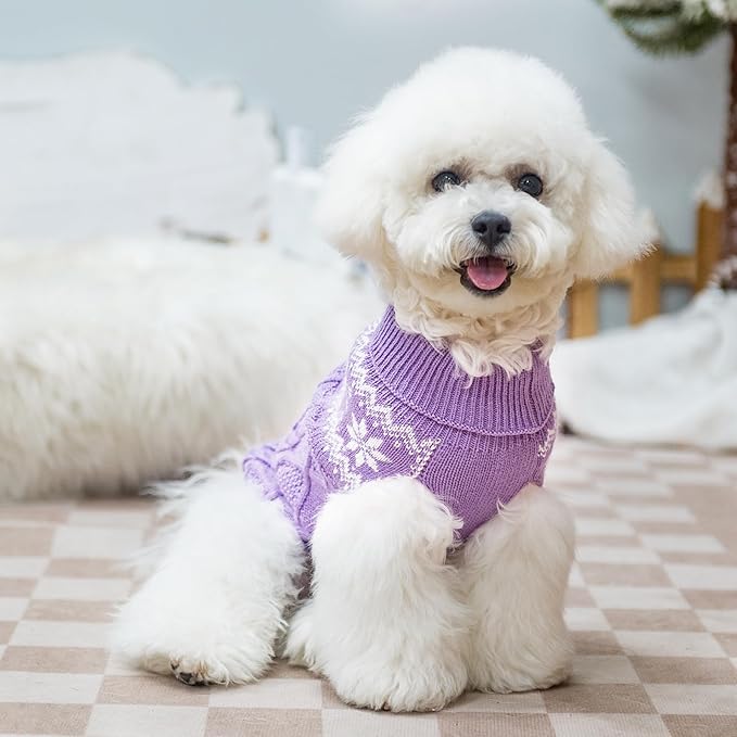 Warm Winter Pink Dog Sweater - Cold Weather Pet Clothes for Small Medium Large Dogs Indoor Outdoor, Soft Classic Knit Puppy Apparel Coat, Purple, XS