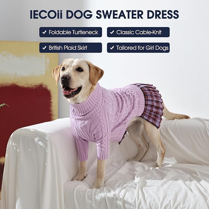 IECOii Girl Dog Sweater Dress - Cable Knit Dog Sweater for Medium Dogs Girl, Purple,Large - Turtleneck Winter Sweaters with Leash Hole, Soft & Stretchy Adorable Dress for Thanksgiving Christmas Photo