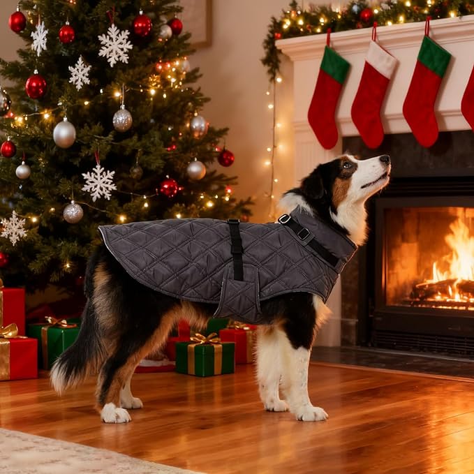 Kuoser Dog Coat Warm Fleece Lining Turtleneck Dog Jacket with Harness Built-in, Adjustable Windproof Cold Weather Coats with Quick Release Buckle Pet Winter Snowsuit for Extra Large Dogs, Grey 2XL