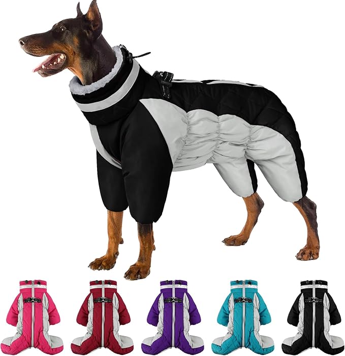 SUNFURA Full Body Dog Coat - Warm Fleece Jacket for Large Dogs, Turtleneck Winter Coats with Harness, Reflective Dog Snowsuit Windproof Puffer Jackets with Legs for Weimaraner, Black XL