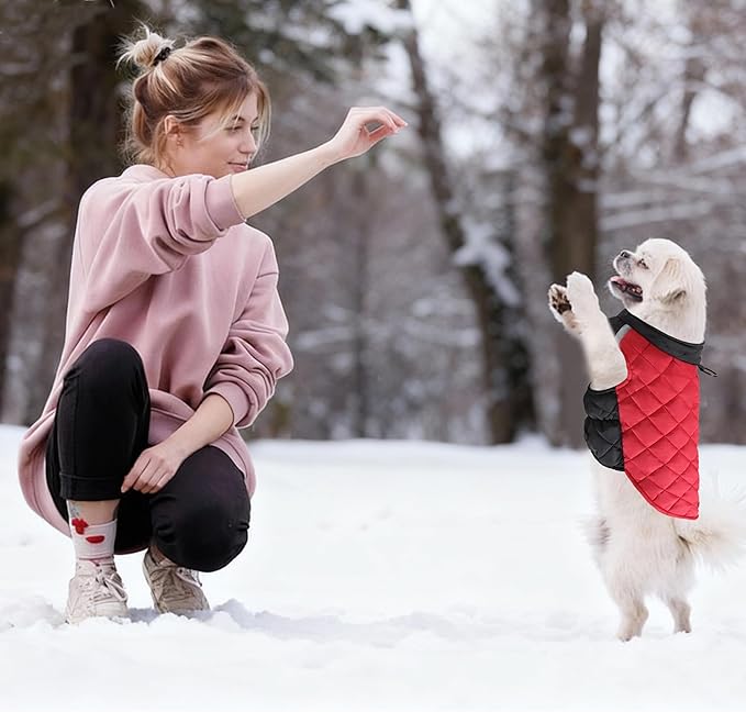 Quilted Dog Winter Coat, Plaid Lined Reversible Vest, Reflective Safety Strip, Cold Weather Pet Apparel Red M