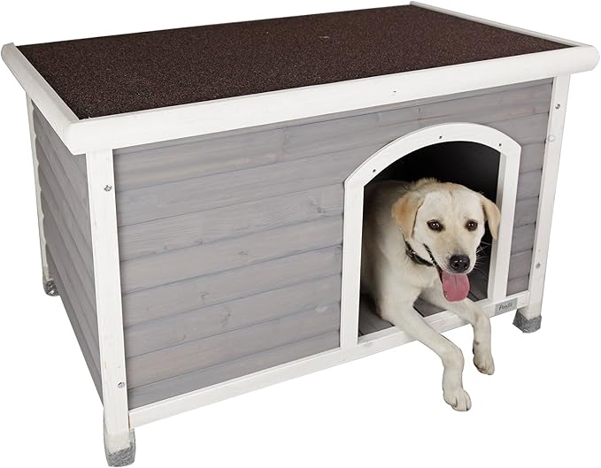 Petsfit Large Dog House, Wooden Outdoor Dog Kennel w/Hinged Roof, Weatherproof Dog Houses for Medium Dogs Outside w/Adjustable Foot Pads, 40.8" L X 26" W X 27.6" H, Grey