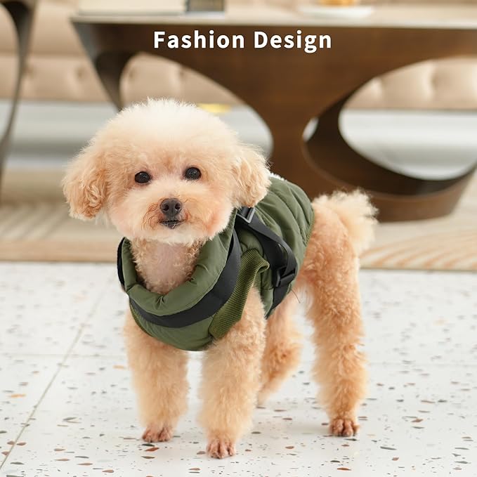 Dog Jacket with Harness,Fleece Lined Warm Puppy Coat for Winter,Soft Windproof Small Dog Vest,Green M